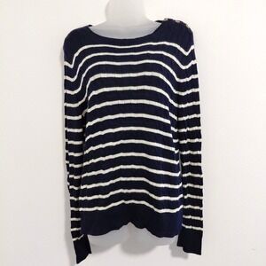 Lauren Ralph Lauren Sweater Large Blue Stripe Cable Knit Gold Button Boat Neck